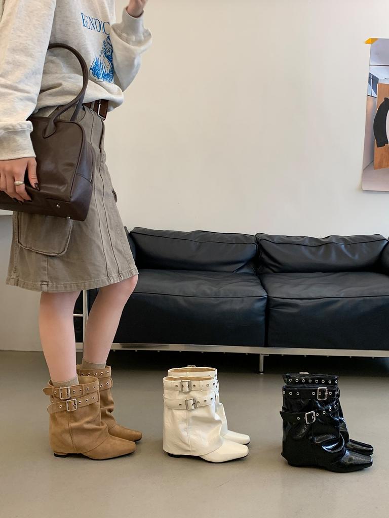 New square head belt buckle inner slope heel low tube thin versatile Martin fashion women's short boots