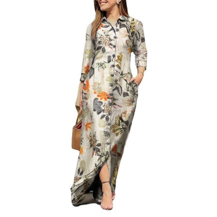 GMXIA Women's Holiday Casual POLO Neck Long Sleeve Long Gown Long Floral Print Cotton Dress Button Shirt