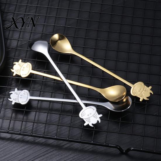 Long Handle Spoon Stainless Steel Coffee Spoon, with Bull Head Decor, Pudding Dessert Multifunctional Stirring for Milk Tea Yogurt Jam Rust Resistant