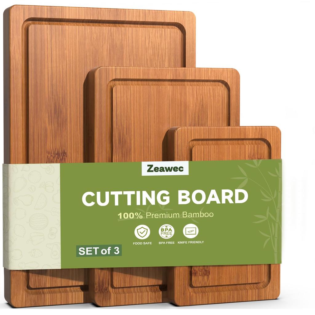 3-Piece Set Bamboo Cutting Board for Kitchen - Crack-Resistant Wood Chopping Boards with Deep Juice Grooves, Pre-Oiled Butcher Block for Meat,
