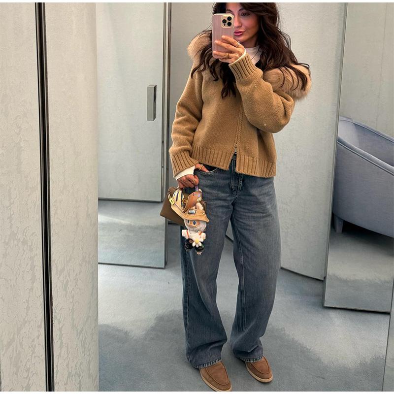 Long-sleeved Fur Collar Hooded Sweater Autumn and Winter Inner and Outer Wear Dual-purpose Ladies Solid Color Zipper Blouse Slim Knit Ladies Cardigan