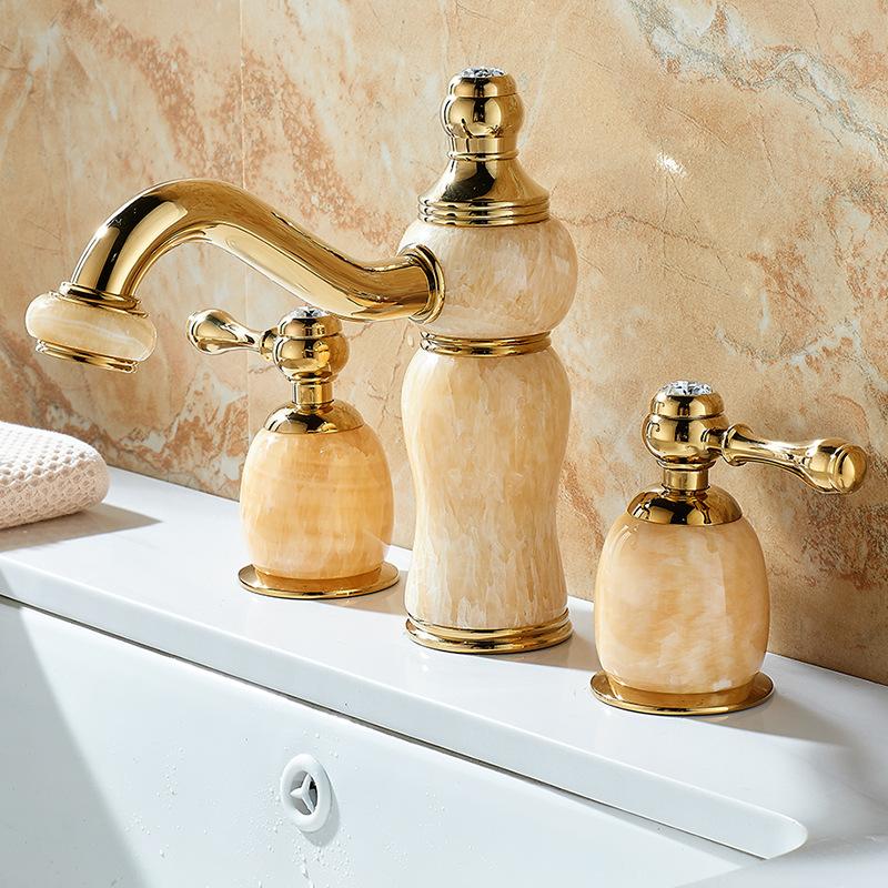 Basin Faucet Gold Brass Jade Bathroom Sink Faucet 3 Hole Widespread Basin Mixer Double Handle Hot And Cold Water Tap New Arrival