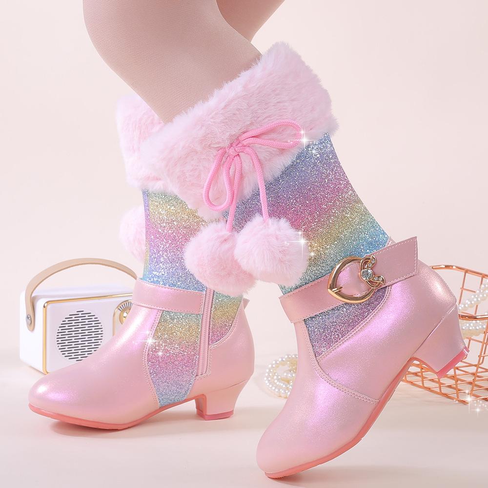 Classic Children Snow Boots Girls Colored Sequins Cute Hairball Bow Side Zipper Princess Shoes Autumn Winter Plush Warm Boots
