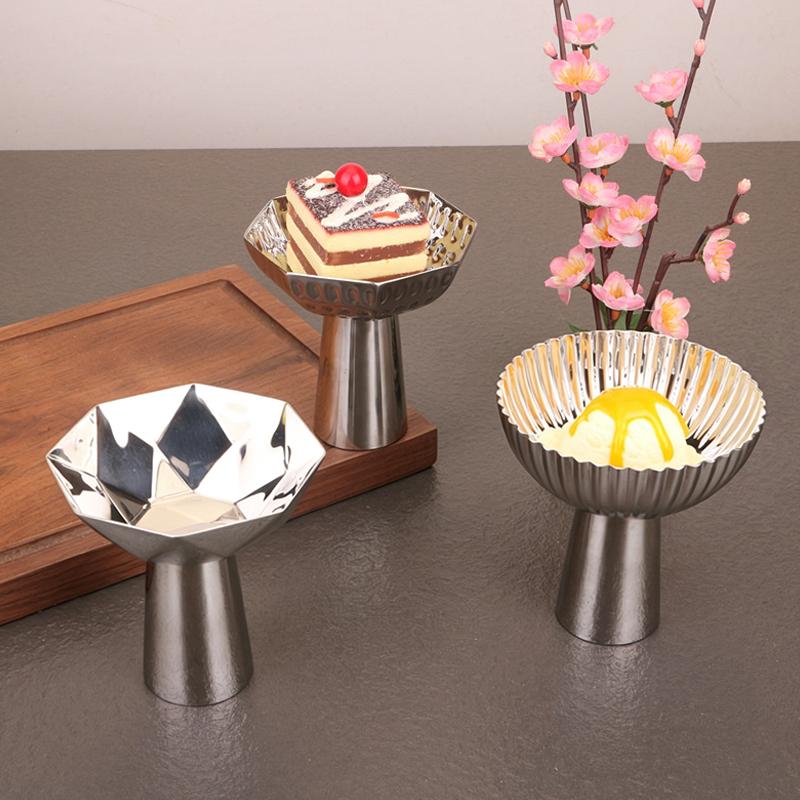 Stainless Steel Dessert Cup Ice Cream Cups Salad Goblet Retro High Base Bowl For Fruit Yogurt Snack Dish Bar Dinnerware