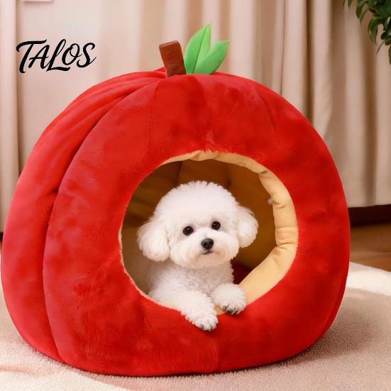 Weihnachtsgeschenk für Haustierbesitzer Apfelförmiges Katzenhöhlenbett, Plüsch-Versteck mit abnehmbarem Kissen, Warmes Neujahrs-Dekorationsbett, Gemütlich für kleine Hunde