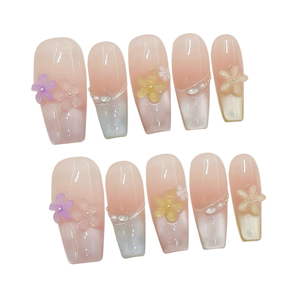 French Style Seven Color Cat Eye Crystal Flower Handmade False Nails 10PCS for Women