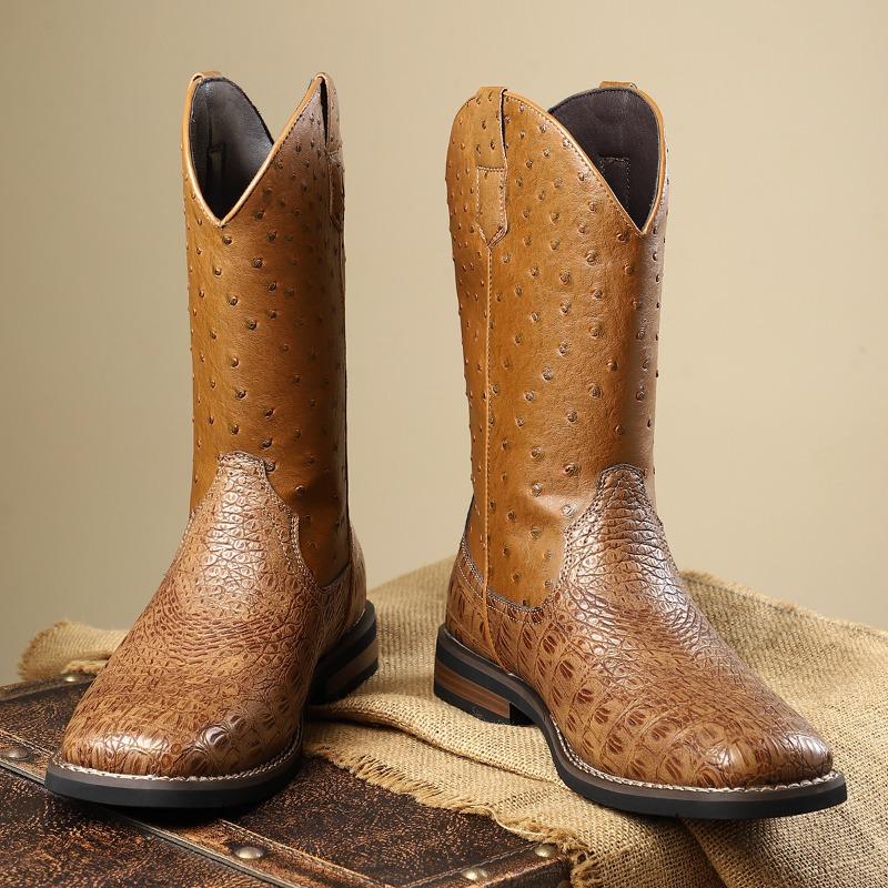 Mens Western Cowboy Boots Retro Handmade Embroidery Leather Boots Fashion Mid-Calf Boots for Men Motorcycle Knight Booties Botas