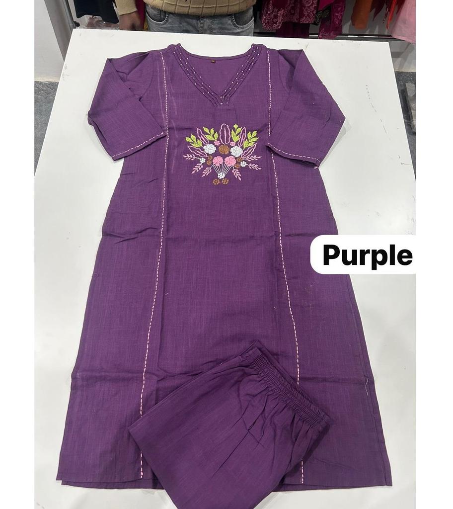 Indian Women Bollywood Top Tunic Kurta Pant DUpatta Set Party Wear Cotton Slub V-Neck Kurti