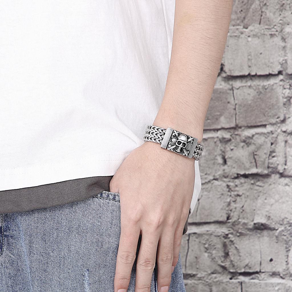 Kalen Vintage Braided Stainless Steel Bracelet Men's Chunky Skull Wristband Bracelets Punk Gold Color Mesh Male Trend Jewelry