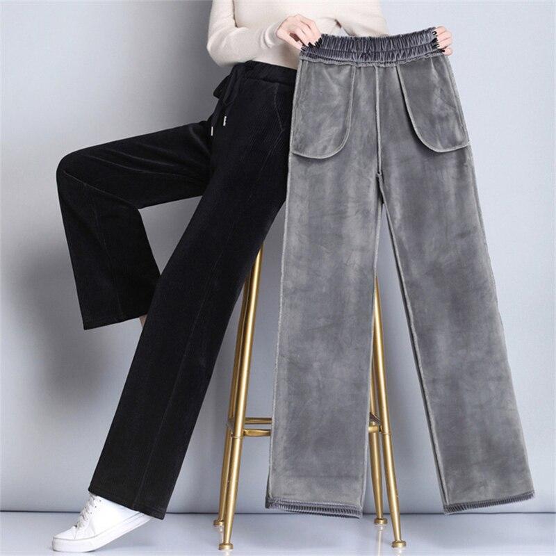 Raka vinterbyxor Nya manchesterbyxor Kvinnor Dragsko med hög midja Elastiskt koreanskt mode Lösa träningsbyxor Solid Varm Casual
