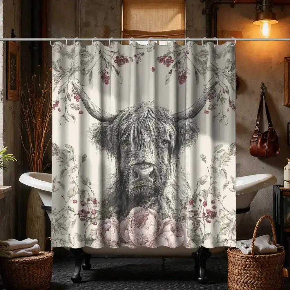 

1pc Bathroom Shower Curtain, Creative Collage Art, Year of the Ox Festival Shower Curtain, Includes 12 Hooks, 180*180cm Bathro 150x180cm