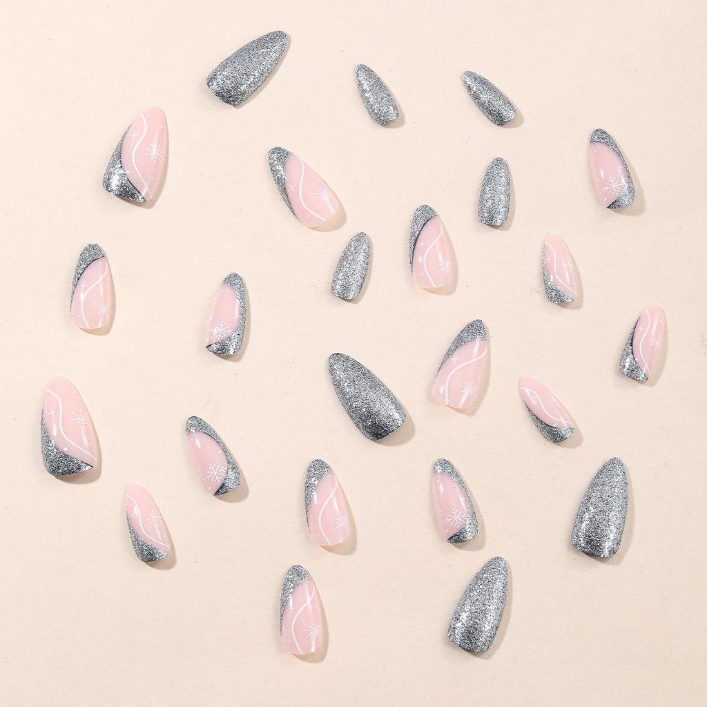 Almond-Shaped Snowflake Glitter Nail Tips, Reusable Holiday False Nails