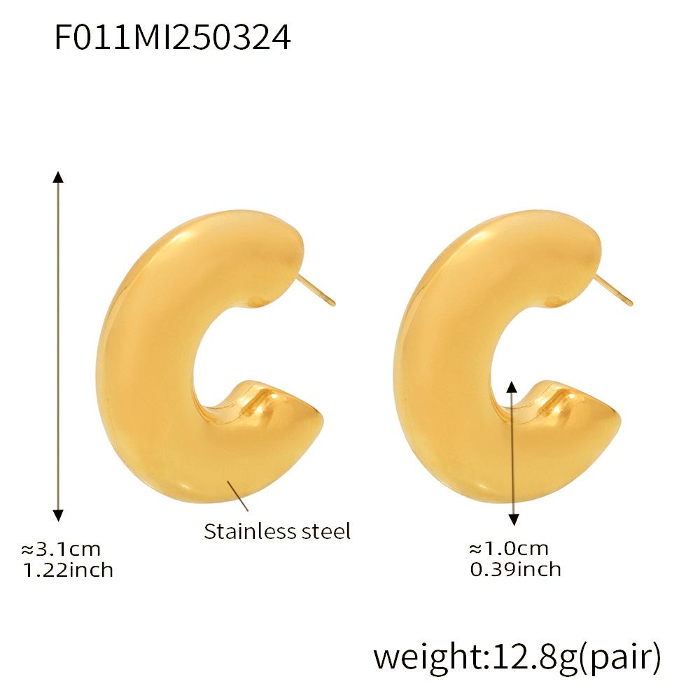 Qiong Yao Cross-border High-end Gold-plated Stainless Steel C-shaped Earrings - European & American Fashion Set with PVD Gold Color Retention.