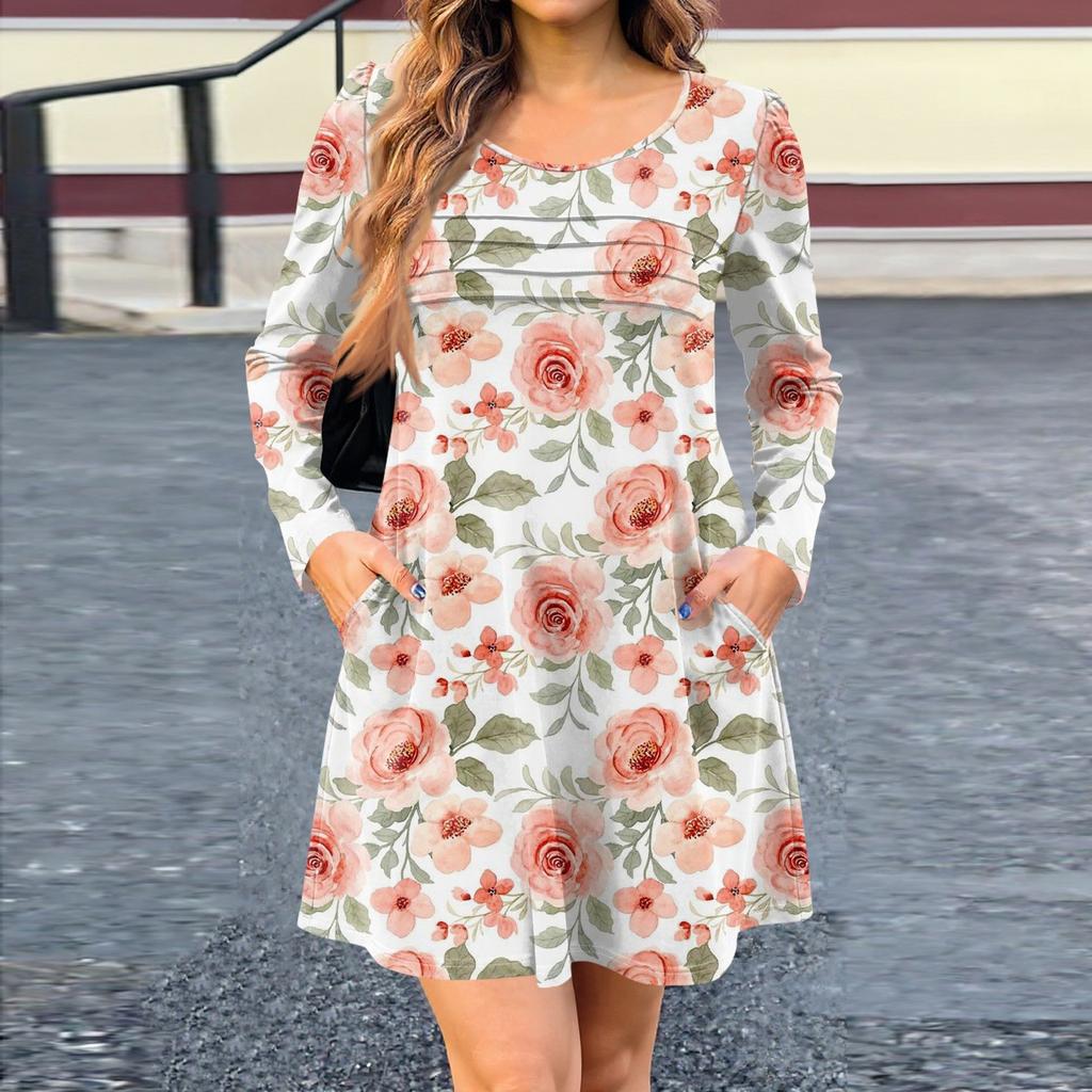 Women's Long Sleeve Dress Fall Casual T Shirt Loose Fit Pleated Front Dresses With Pockets