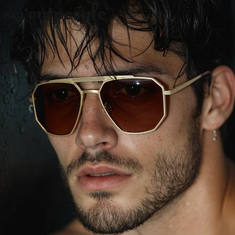Classic Square Punk Sunglasses Men  Luxury Brand Vintage Metal Frame Polygon Sun Glasses Trendy Double Beam Shades For Male