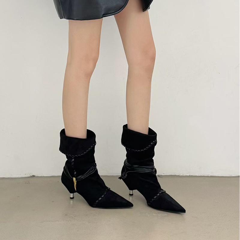 

SUOJIALUN Winter New Brand Women Short Boots Fashion Pleated Slip On Mid-Calf Boots Thin Low Heel Outdoor Dress Pointed Toe Pump 35