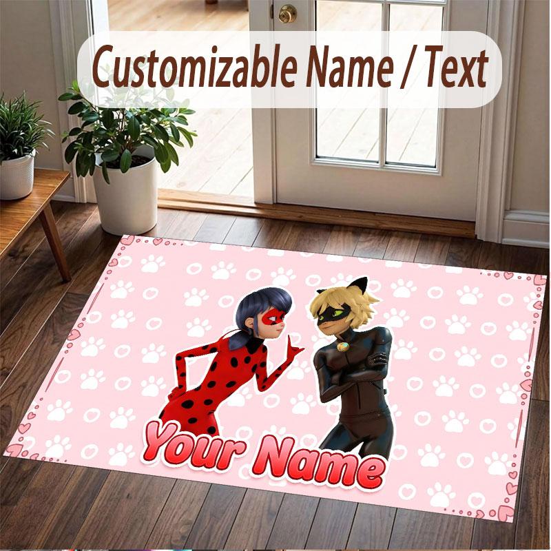Custom Name Text Crystal Velvet Rug,Miraculous Ladybug Soft Plush Decorative Non Slip Floor Carpet