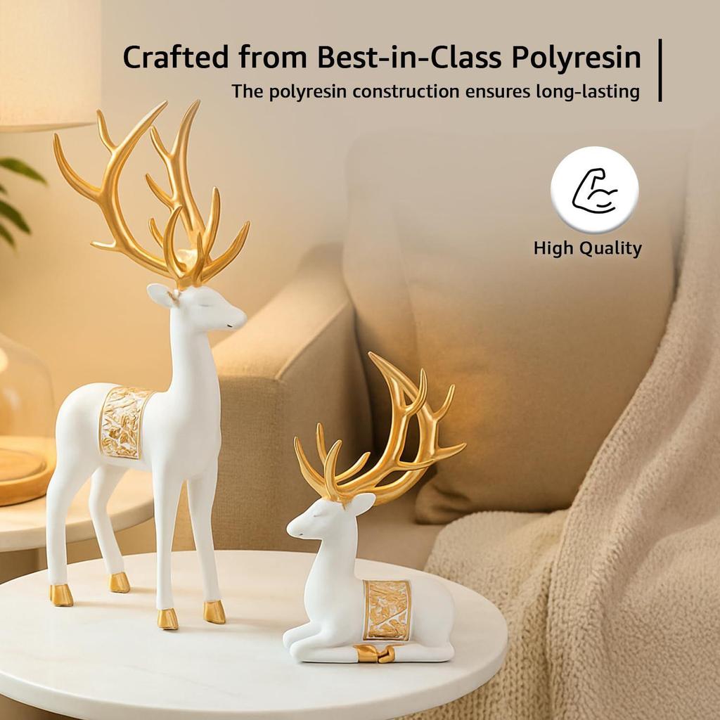 Charming Polyresin Reindeer Décor | A Timeless Token of Grace & Good Luck | Elevate Your Festive & Everyday Spaces – Pack of 2, White & Golden