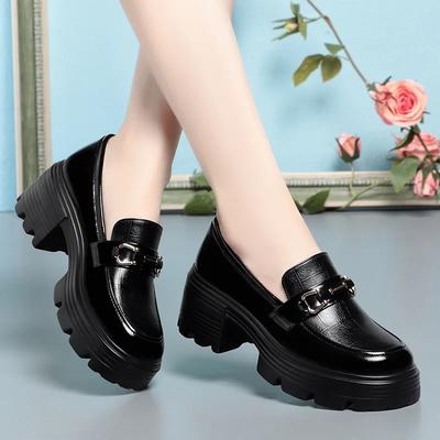 Vintage British Style Soft Leather Loafers Thick Bottom Platform Shoes  Fall Med Block Heels Shoes Black for Office Mom