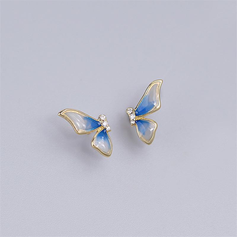 

French Gradual Blue Enamel Butterfly Wing Studs Earring for Women 925 Sterling Silver Plated 14K Gold Exquisite Romantic Jewelry Silver