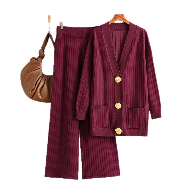 Autumn and Winter New Solid-color Loose Metal Button Cardigan Set and Wide-leg Pants Two-piece Set for Women