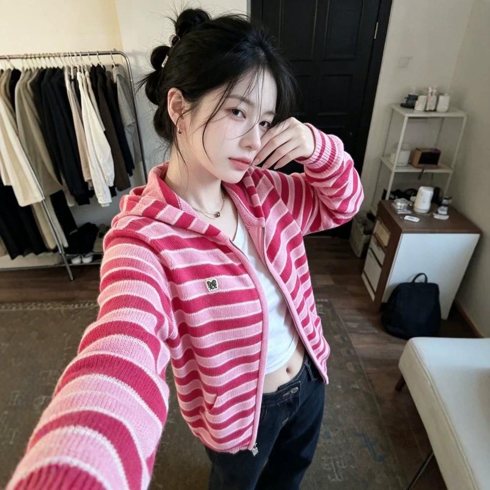 Women's Retro Color Block Knit Cardigan with Hood
