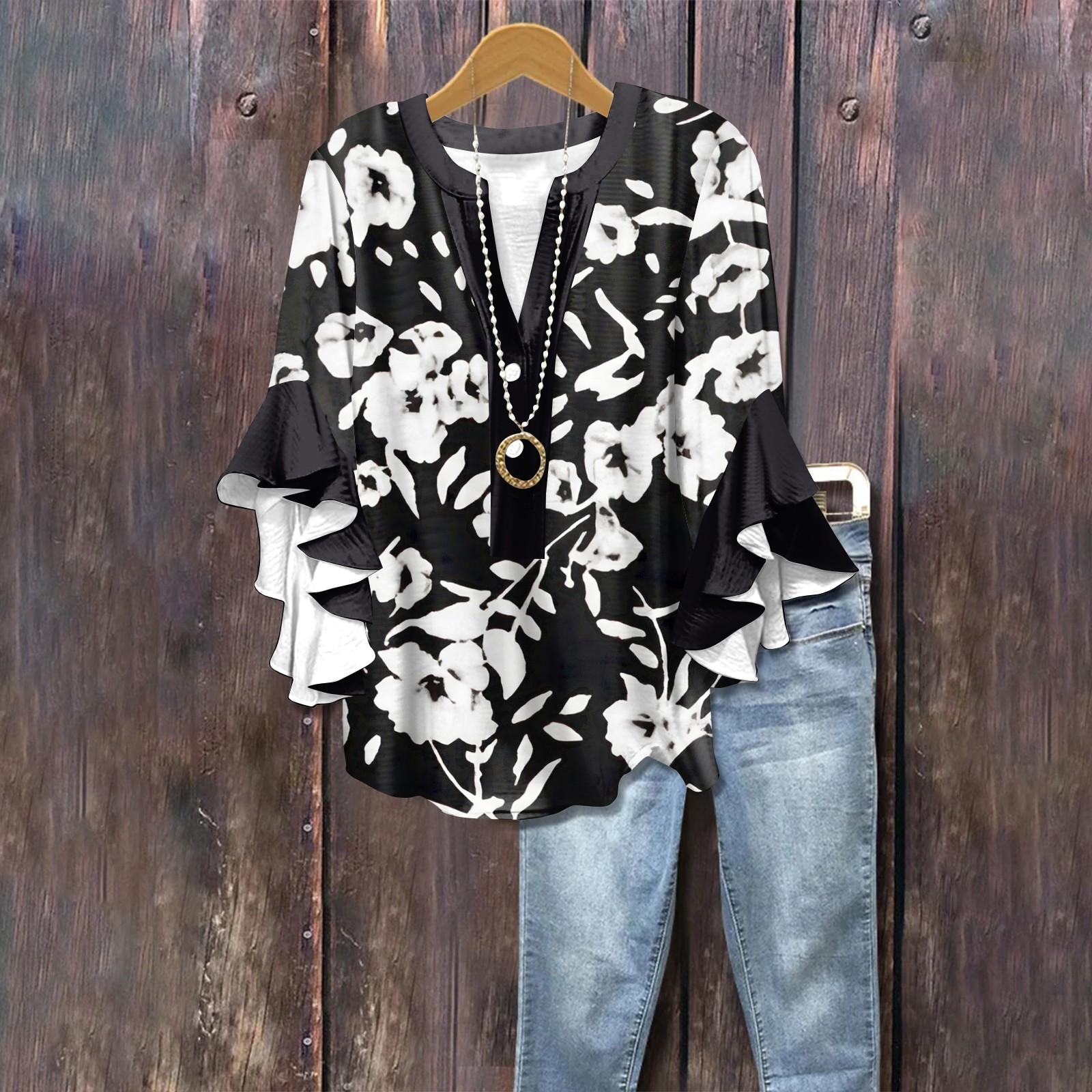 

Summer Tops For Women Cute V Neck 3/4 Sleeve Blouses Floral Print Top Casual Shirts XL чёрный