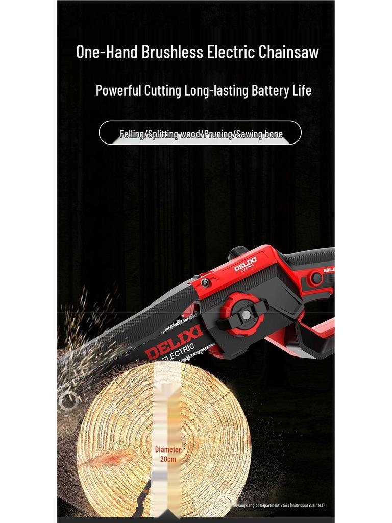 Delixi Rechargeable Brushless Electric Chainsaw with Lithium Battery - Handheld Garden Pruning and Felling Tool for Fruit Trees.