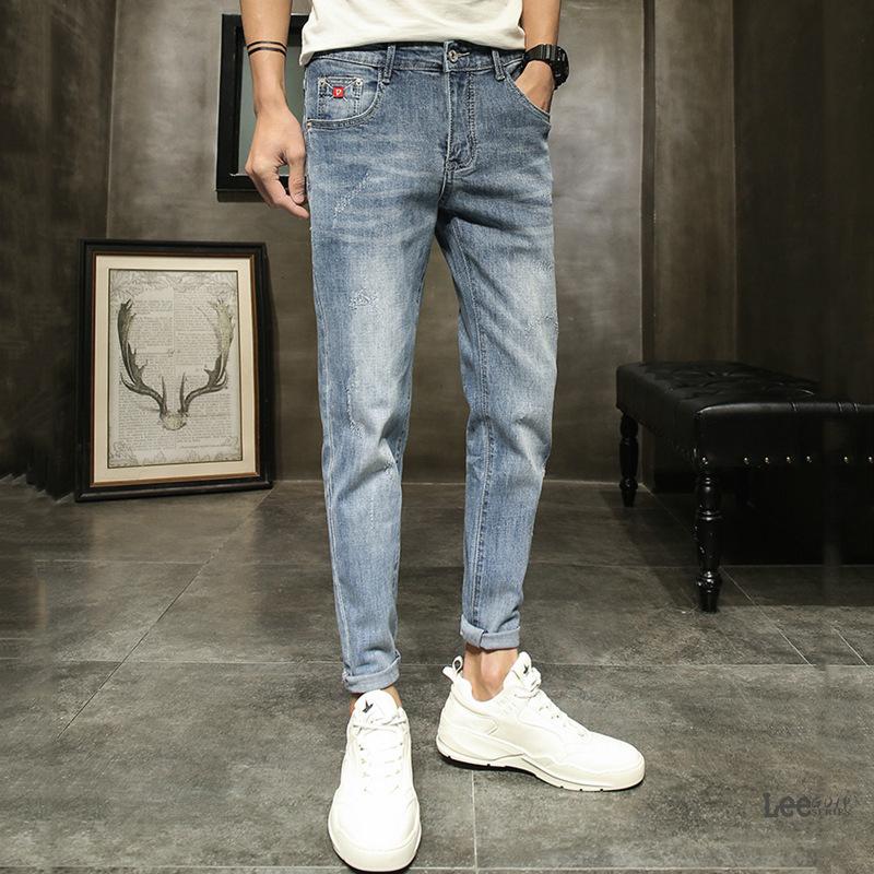 JYL Мужские джинсы в гонконгском стиле, летние новые однотонные свободные повседневные прямые укороченные джинсовые 33 сине серый