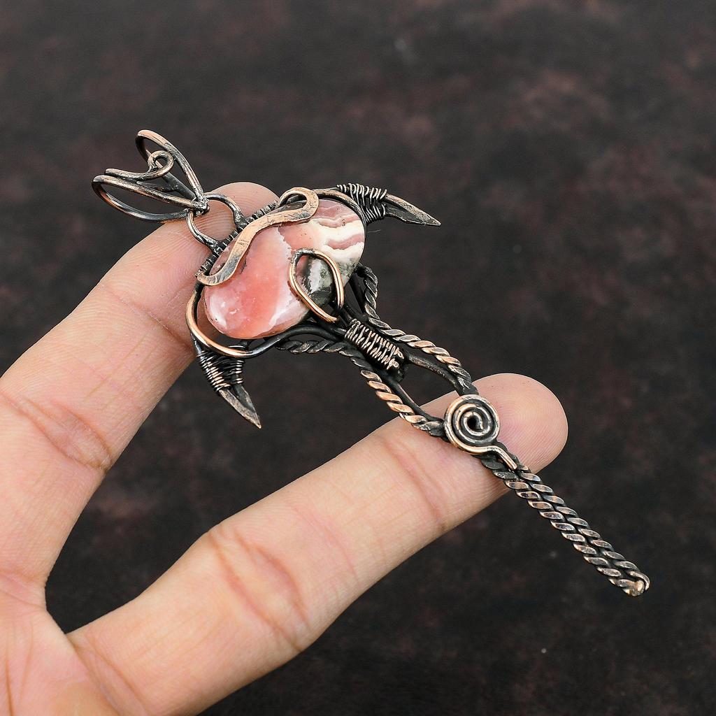 Rhodochrosit Anhänger Kupferdraht gewickelter Anhänger Handgefertigter Anhänger Rhodochrosit Kupferschmuck Zierlicher Anhänger Geschenk für Mama Edelsteinanhänger