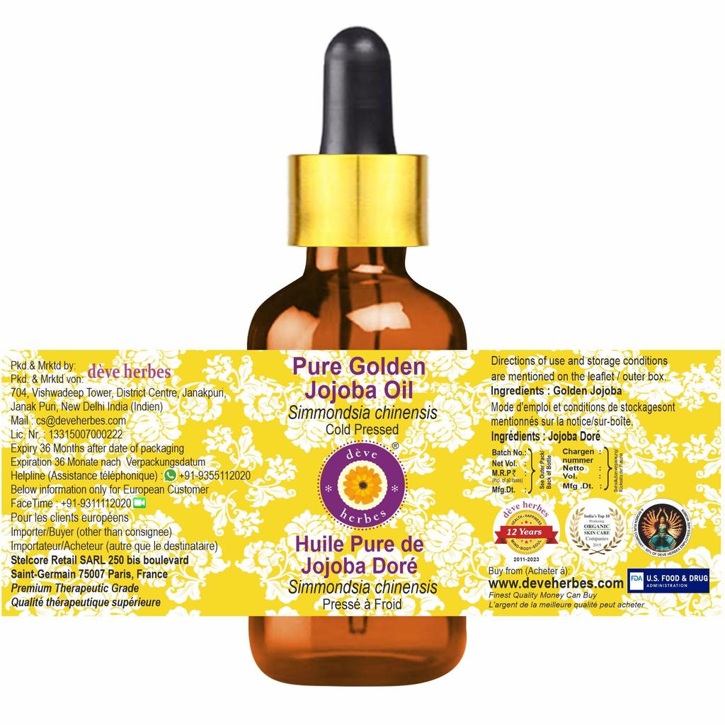 Deve Herbes Pure Golden Jojoba Oil (Simmondsia Chinensis) with Glass Dropper | Cold Pressed | Natural | Undiluted | For Diluting Essential Oils |