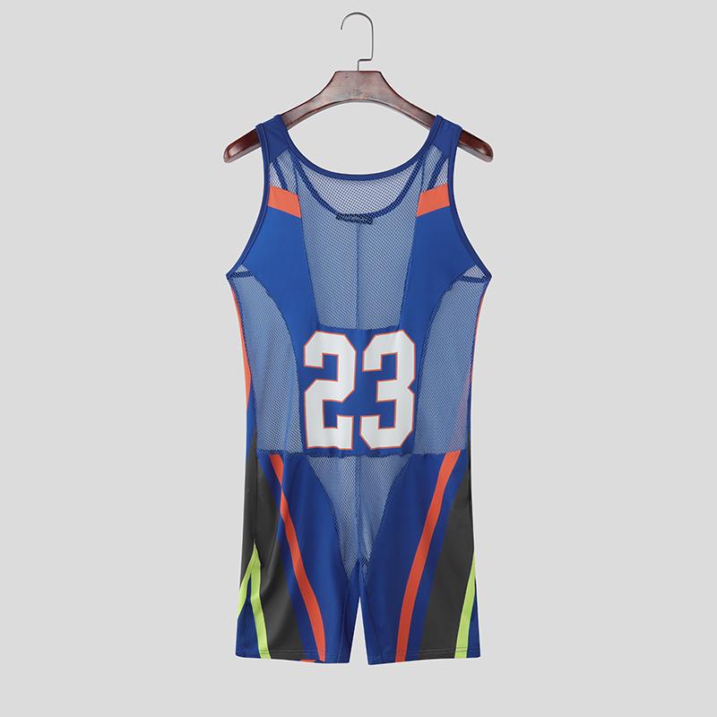 INCERUN Men Sleeveless Letter Mesh Sheer Patchwork Fitted Bodysuits One Piece Jumpsuits Underwear S синий