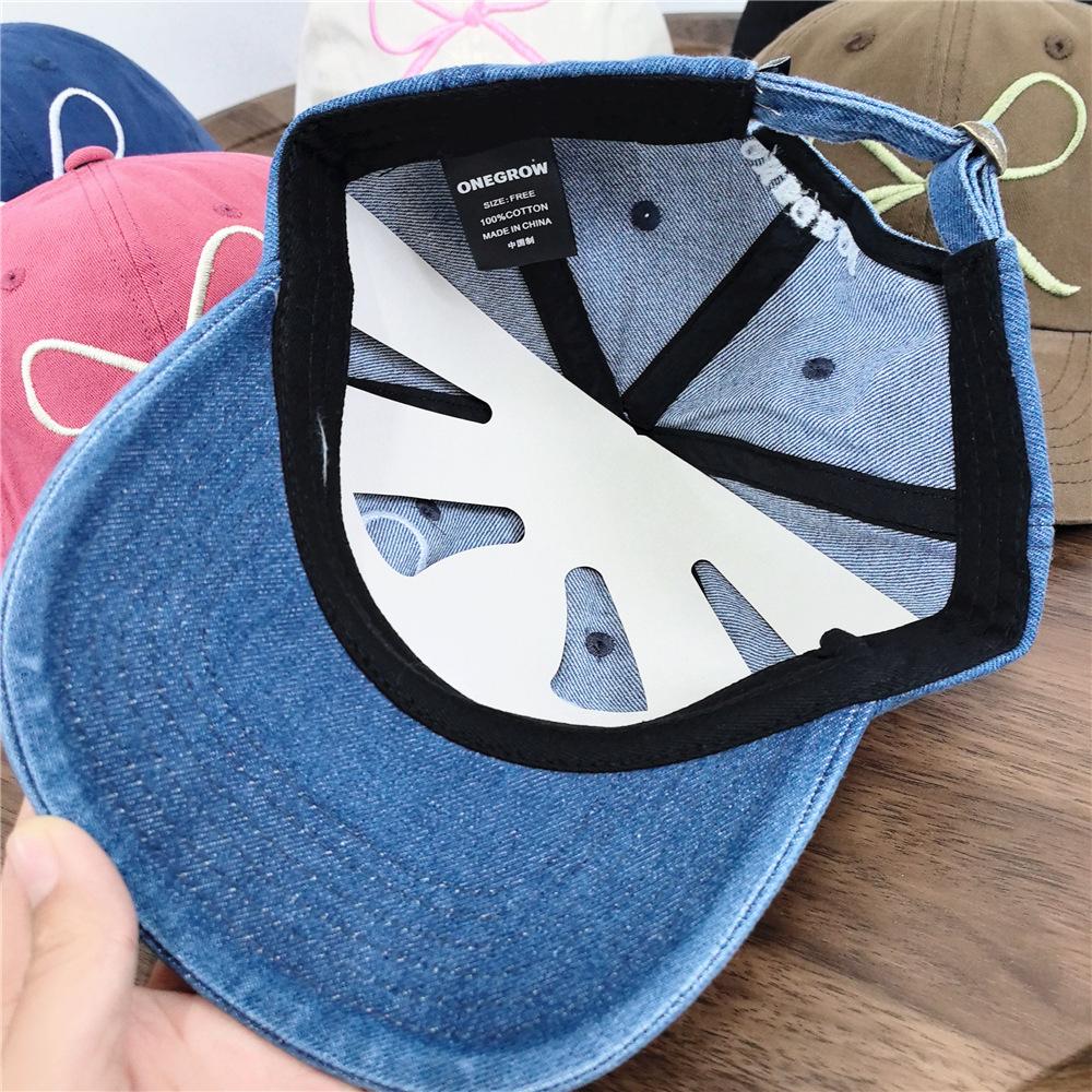 Chic Denim Baseball Cap with Bowknot & Embroidered Lettering - Adjustable, Sun-Protective Dad Hat for Women