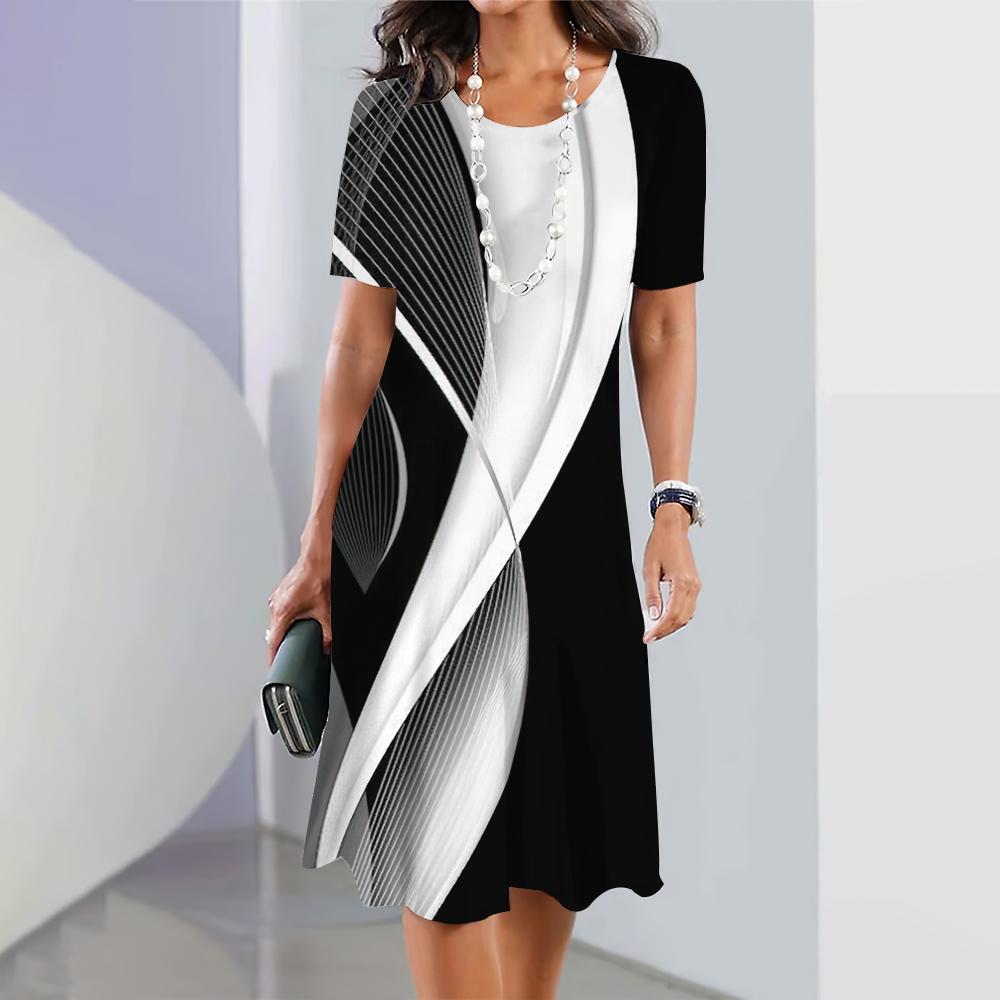 Womens Dresses 3d Gradient Geometric Print Short Sleeve Clothes Fashion Loose Skirt Summer Lady Oversized Vacation Dresses