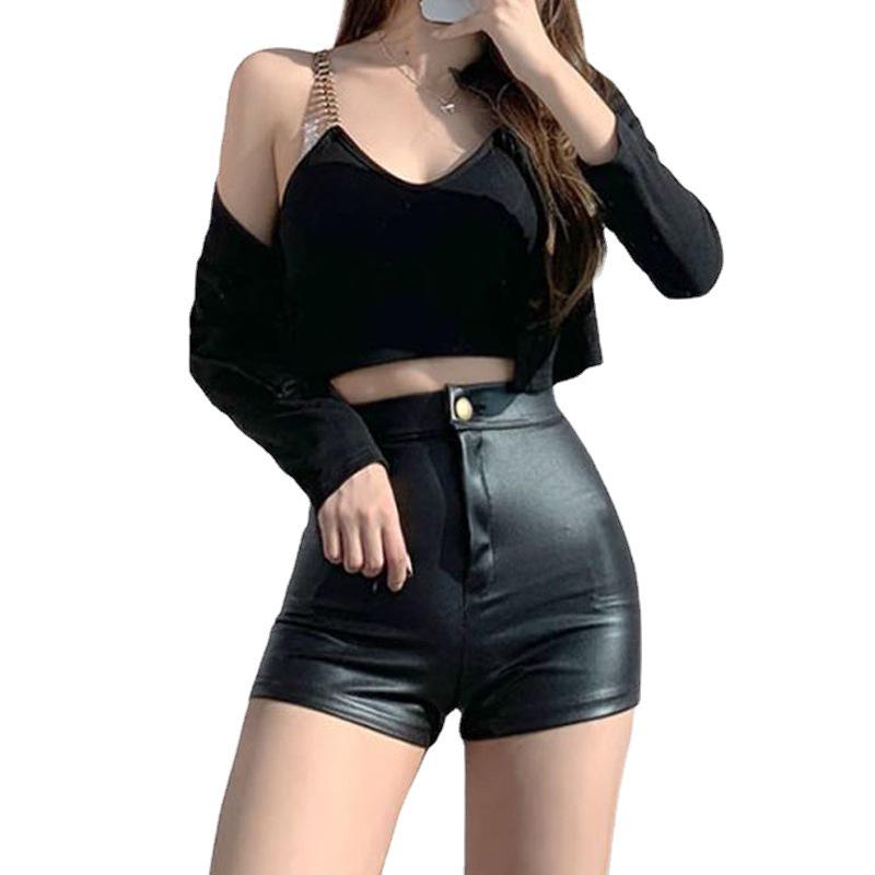 809# Women's High-Waisted Black PU Leather Shorts - Sexy, Tight, Hip-Hugging Autumn/Winter Base Layer