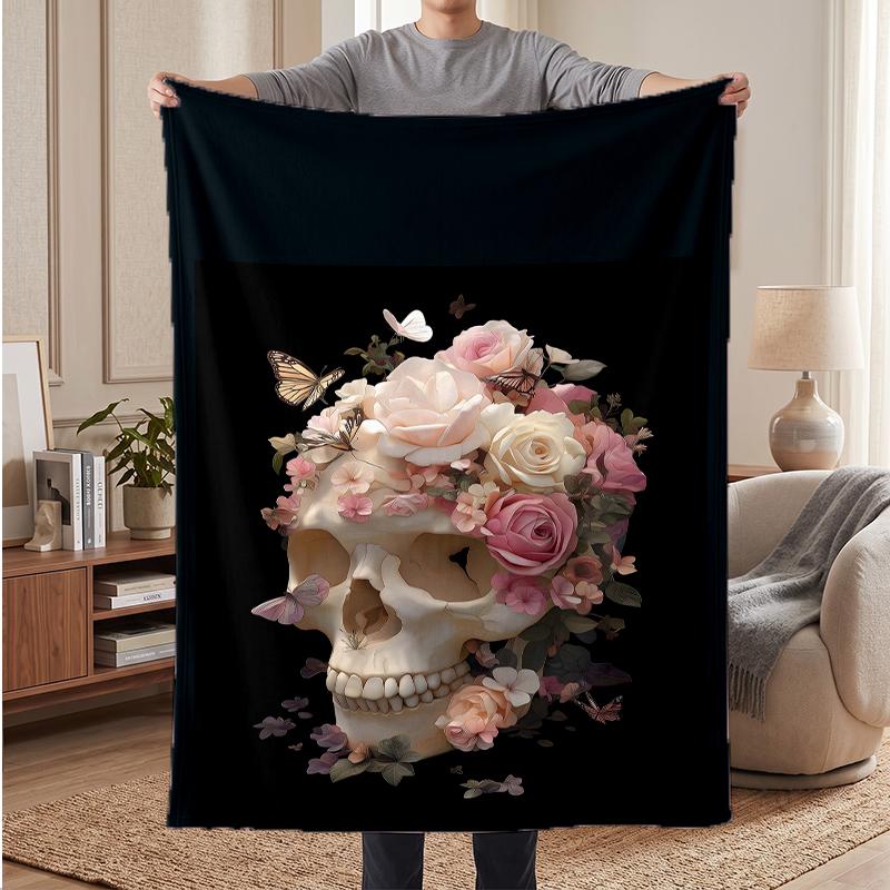 Flowers Skull Soft Warm Flannel Blankets Comfortable Blanket for Home Decoration Gifting