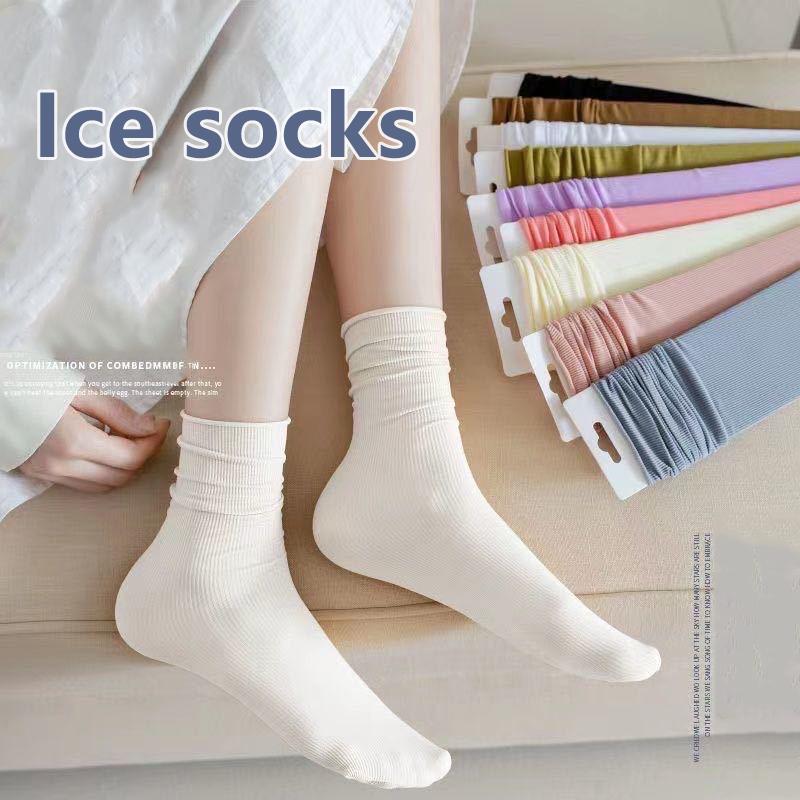 One Pairs Japanese Korean Women Ice Thin Loose Calf Tube Socks Summer Nylon Socks College Style Solid Color Socks