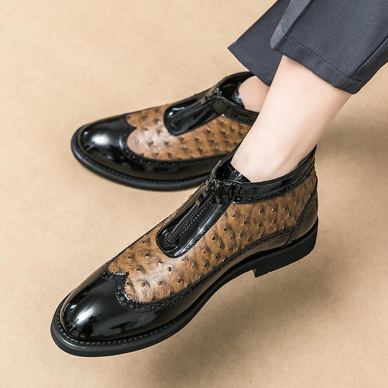 British Style Brogue Dress Boots Men Pointed Toe High Top Leather Shoes Man Fashion Design Zip Men's Ankle Boots botas masculino