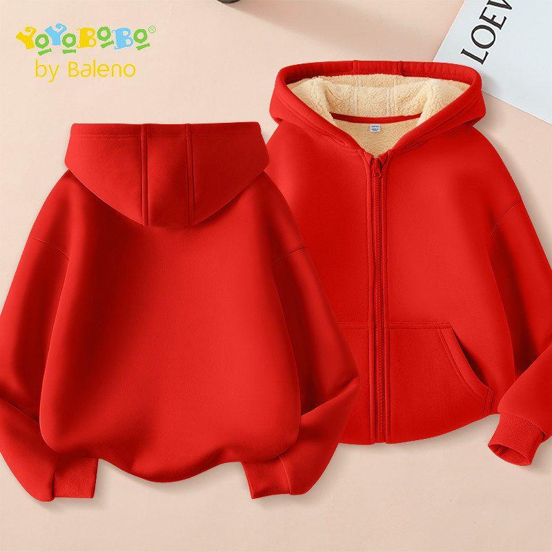 Baleno Kids Ybb Boys Jacket 2025 New Winter Lamb Fleece Lined Warm Children s Hooded Cardigan Red#Solid Color 140 cm