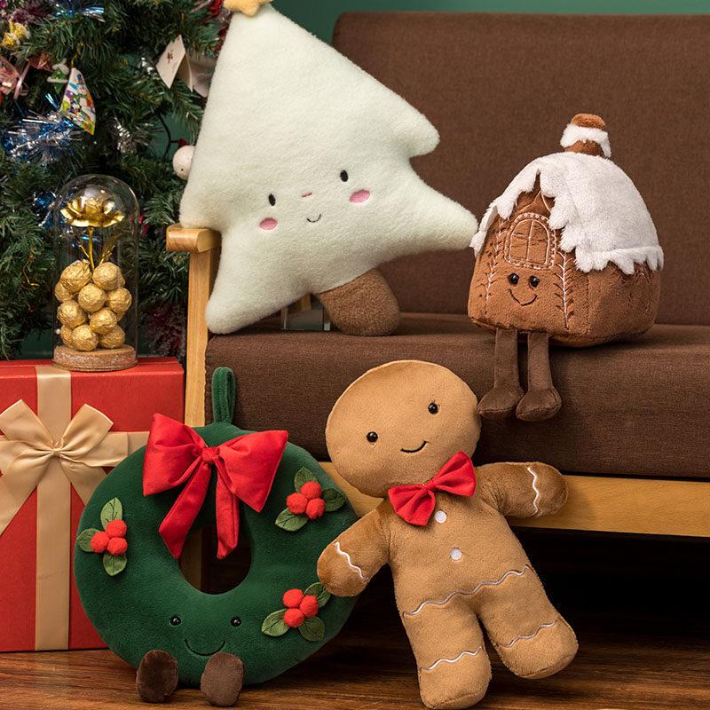 Trendy Christmas Tree Pillow Plush Toy, Xmas Tree Cushion Gingerbread Man Plush, Wreath Doll Holiday Decor Gift