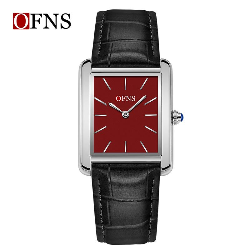 OFNS Women's Waterproof Stainless Steel and Leather Strap Square Fashion Quartz Watch