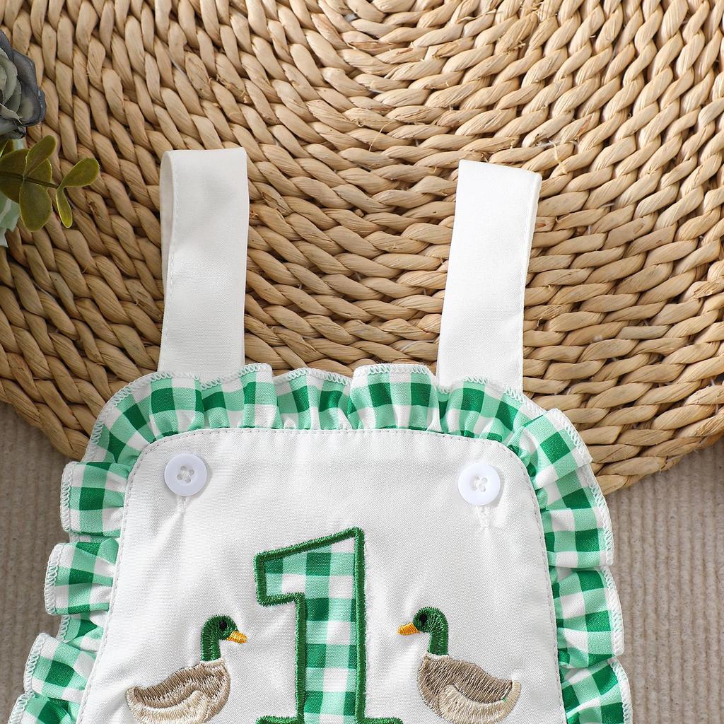 Baby Girl Cute Duck Patch Embroidered Plaid Romper - 1st Birthday Crawling Suit