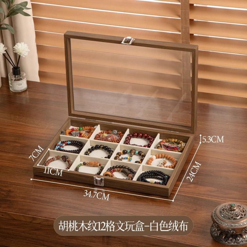 12 Slot Wooden Jewelry Box With Glass Lid Black Walnut Finish New Traditional Style