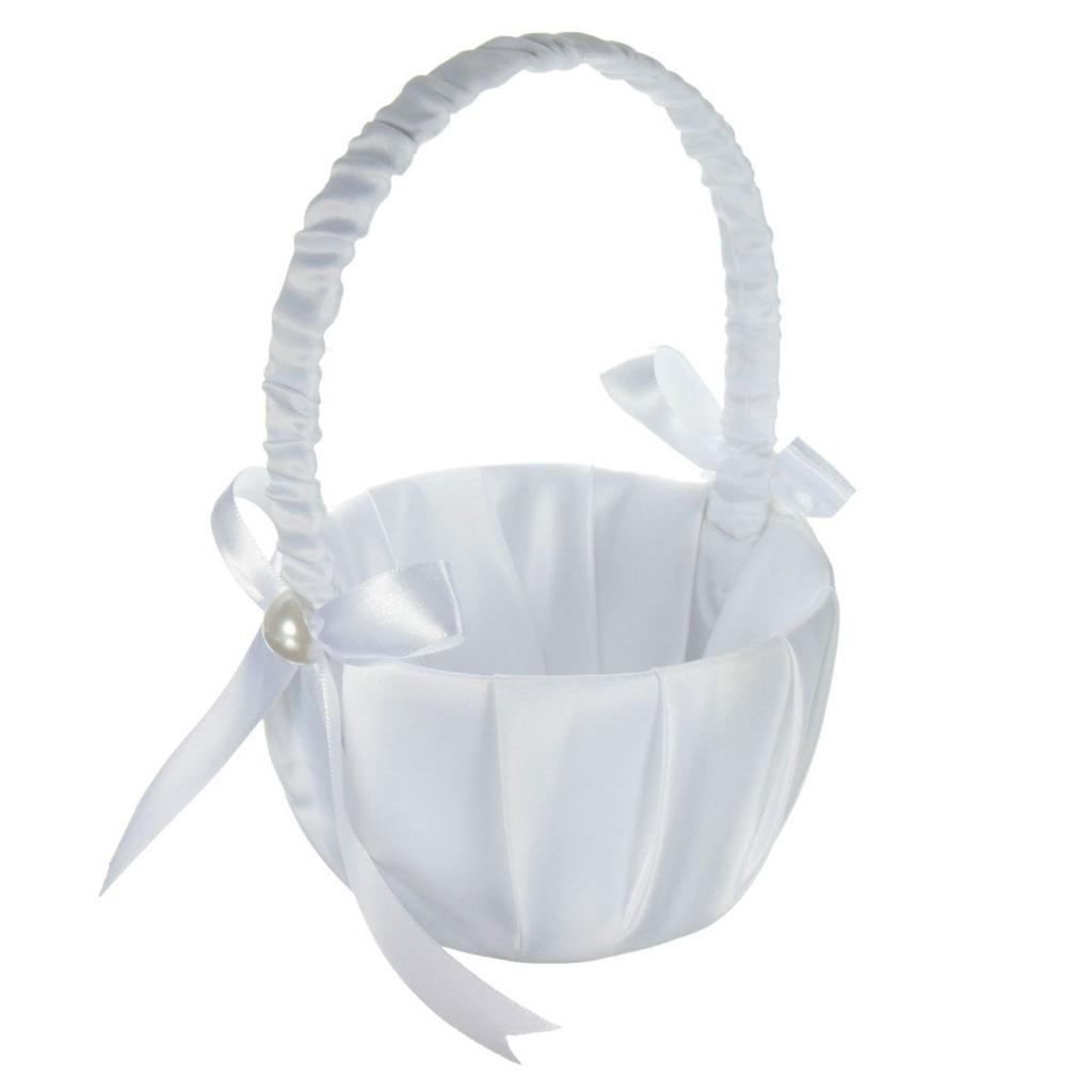 White Flower Girl Basket Bowknot Satin Cloth Baskets with Bowknots and Pearls Decor for Wedding Ceremony Party