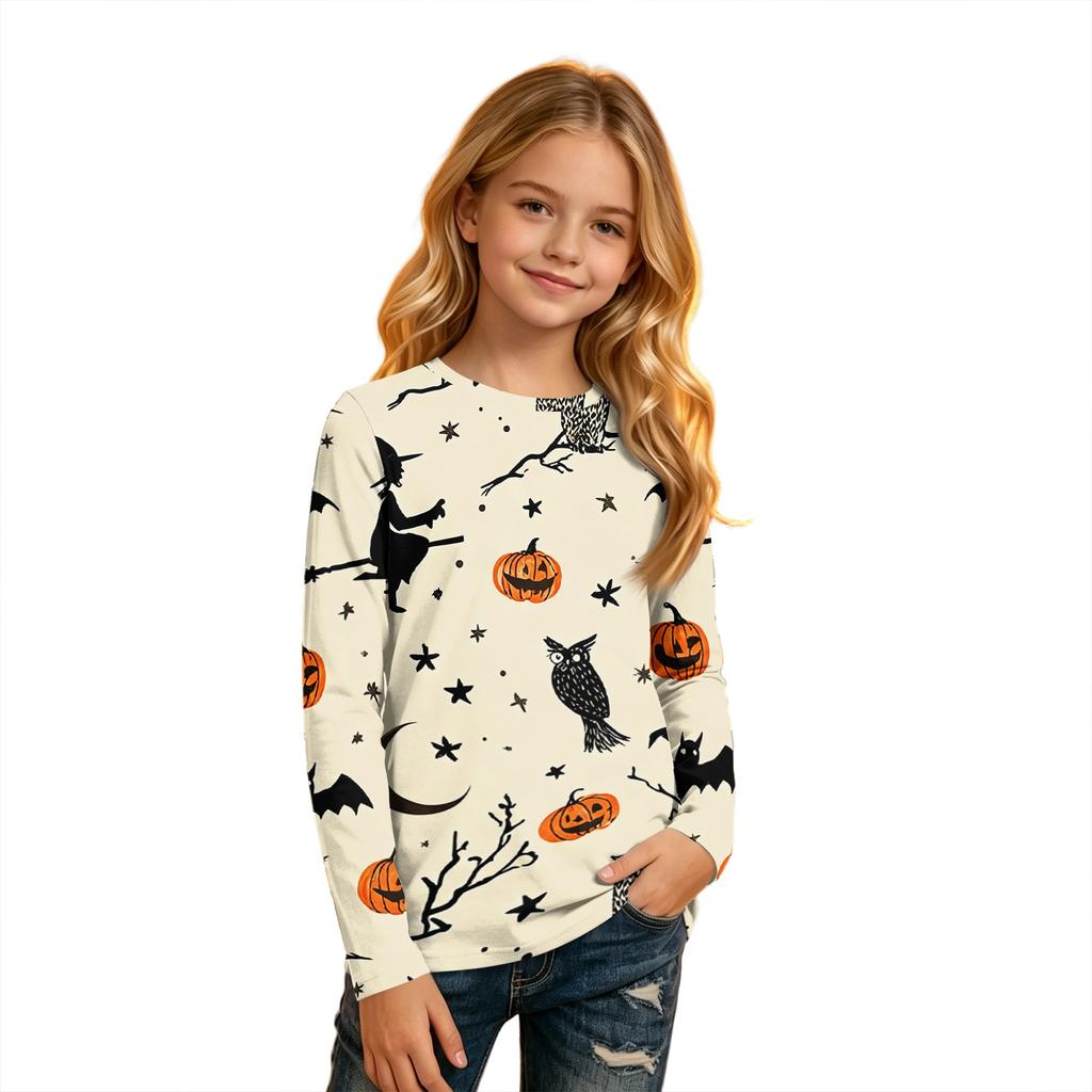 Children's Halloween Print Long Sleeve Neck T-Shirt for Boys Girls