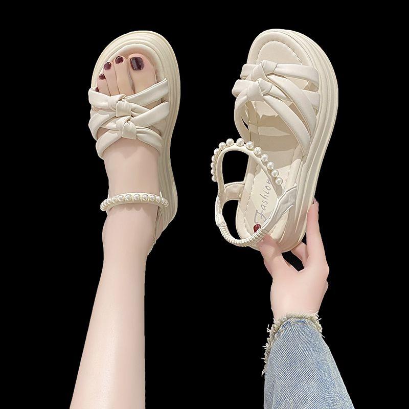 Fashion Ladies Shoes Wedges Heel Roman Style Round Toe Tip Women's Sandals Pearl Vintage Designer Original Wholesale Low Price Footwear