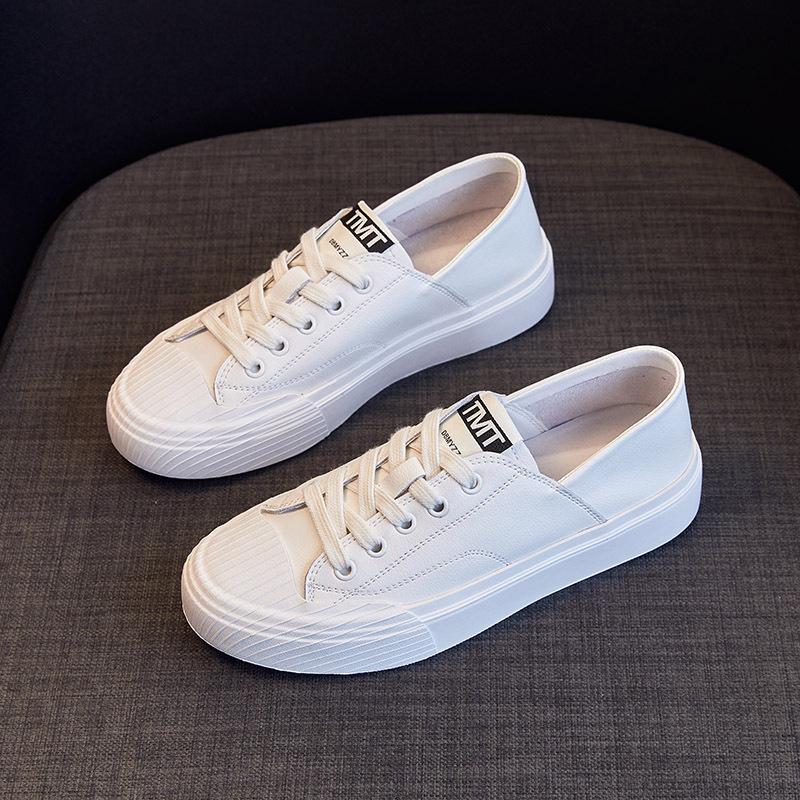New Flat Shallow Mouth Genuine Leather Small White Women's Shoes Autumn Model Versatile One-Pedal Skateboard Shoes Lace-Up White Shoes