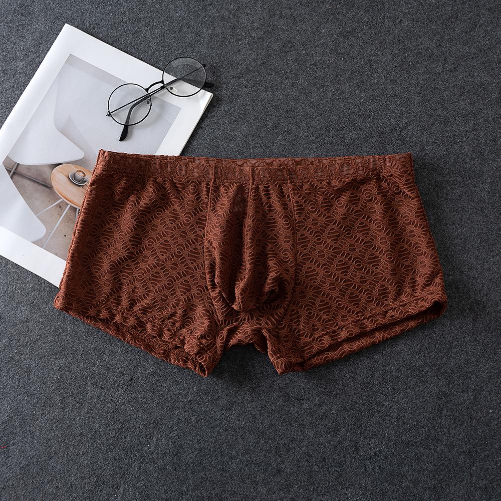 Men'S Underwear Ultra-Thin Lace See Through Lingerie Low-Rise Youth Boxers Sissy Pouch Panties Transparent Bikini Slip Homme