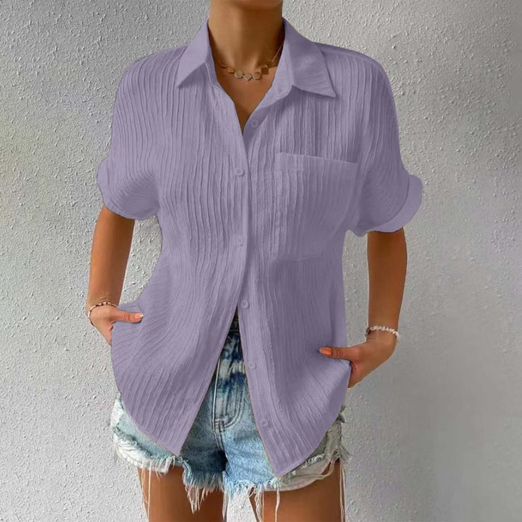 Blouses For Women 2025 Summer Women'S Solid Color Buttoned Cardigan Short Sleeve Shirt