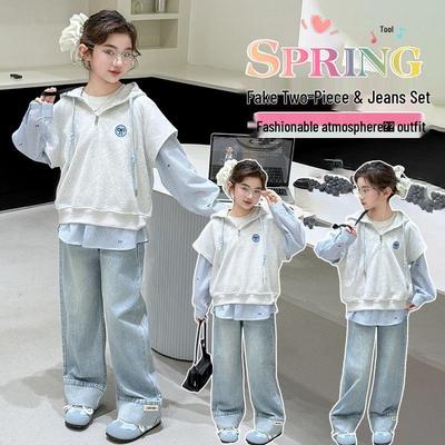Mädchen Frühling & Herbst Koreanischer Stil Zweiteiliges Sweatshirt und Jeans Set (2025)